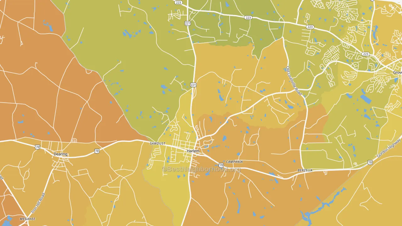 Map of the best neighborhoods in the 30814 area, with better matches in green and worse matches in red