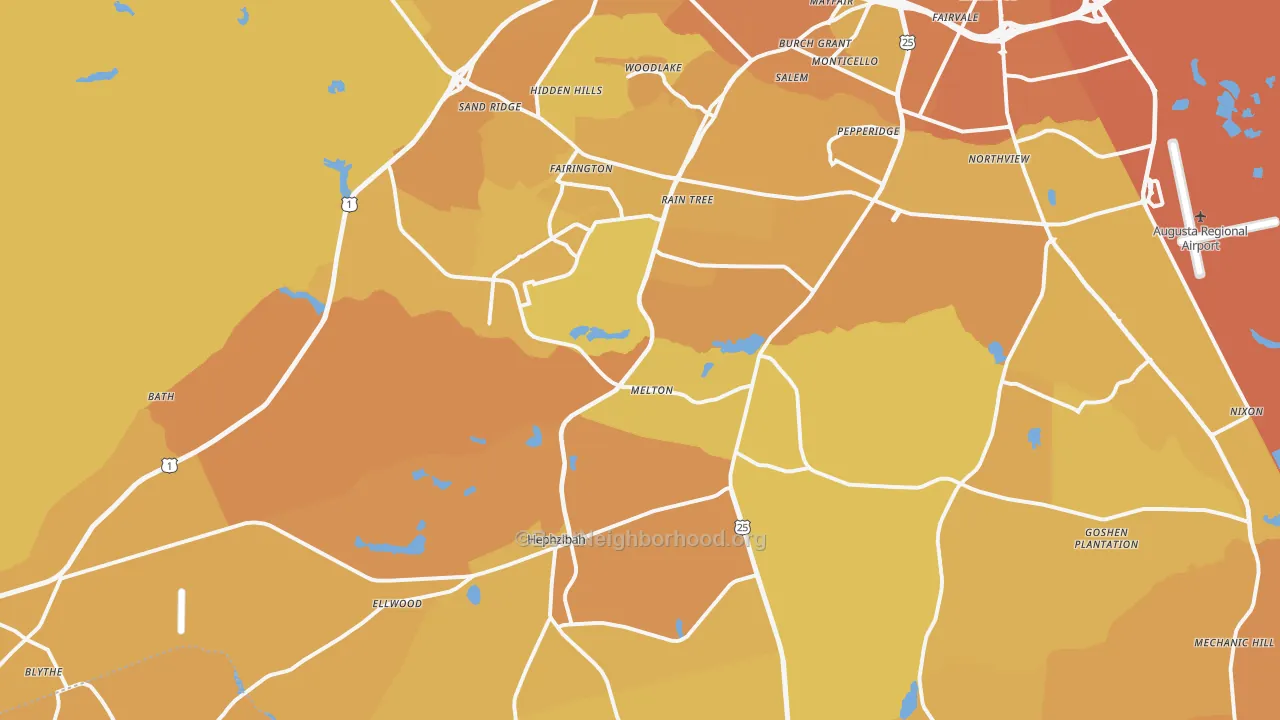 Map of the best neighborhoods in the 30815 area, with better matches in green and worse matches in red