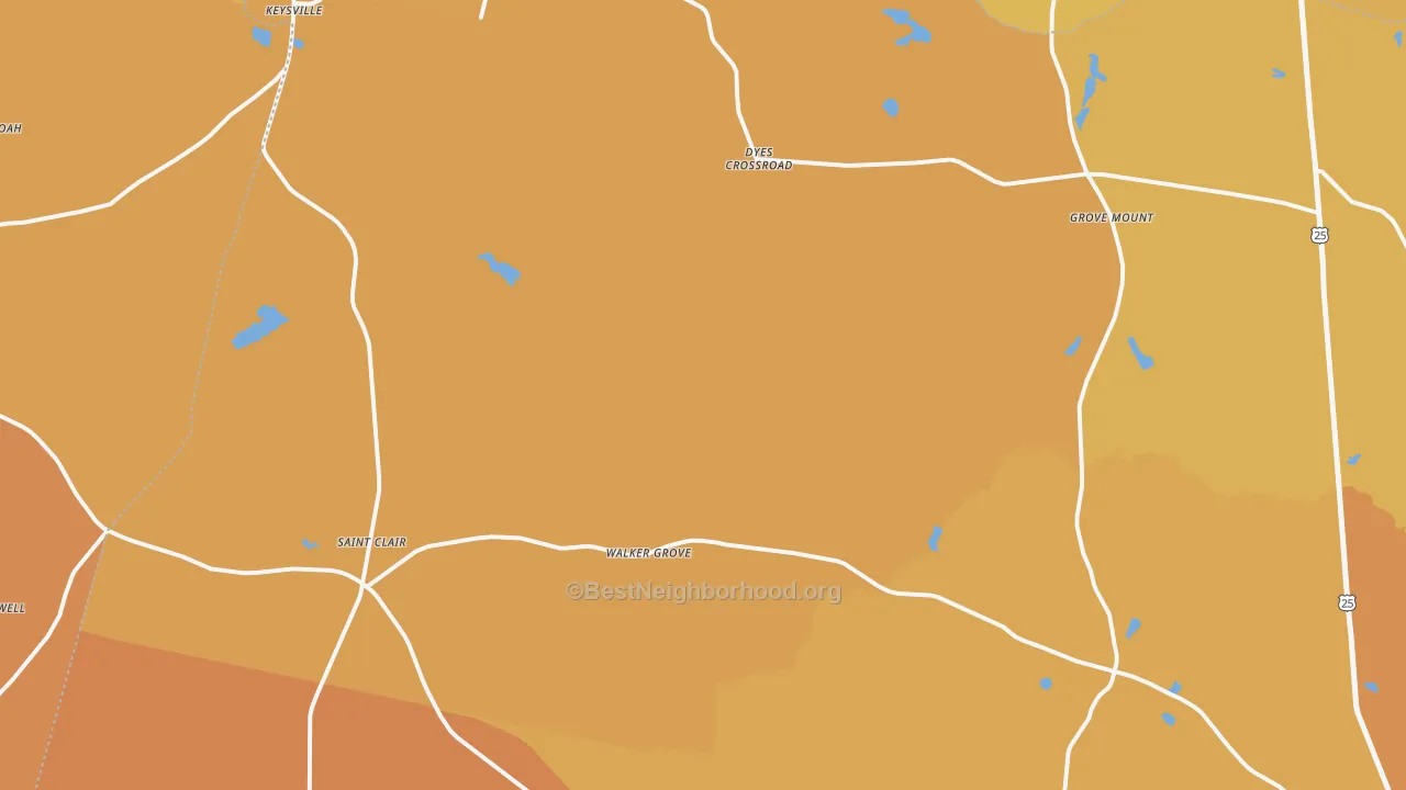 Map of the best neighborhoods in the 30816 area, with better matches in green and worse matches in red