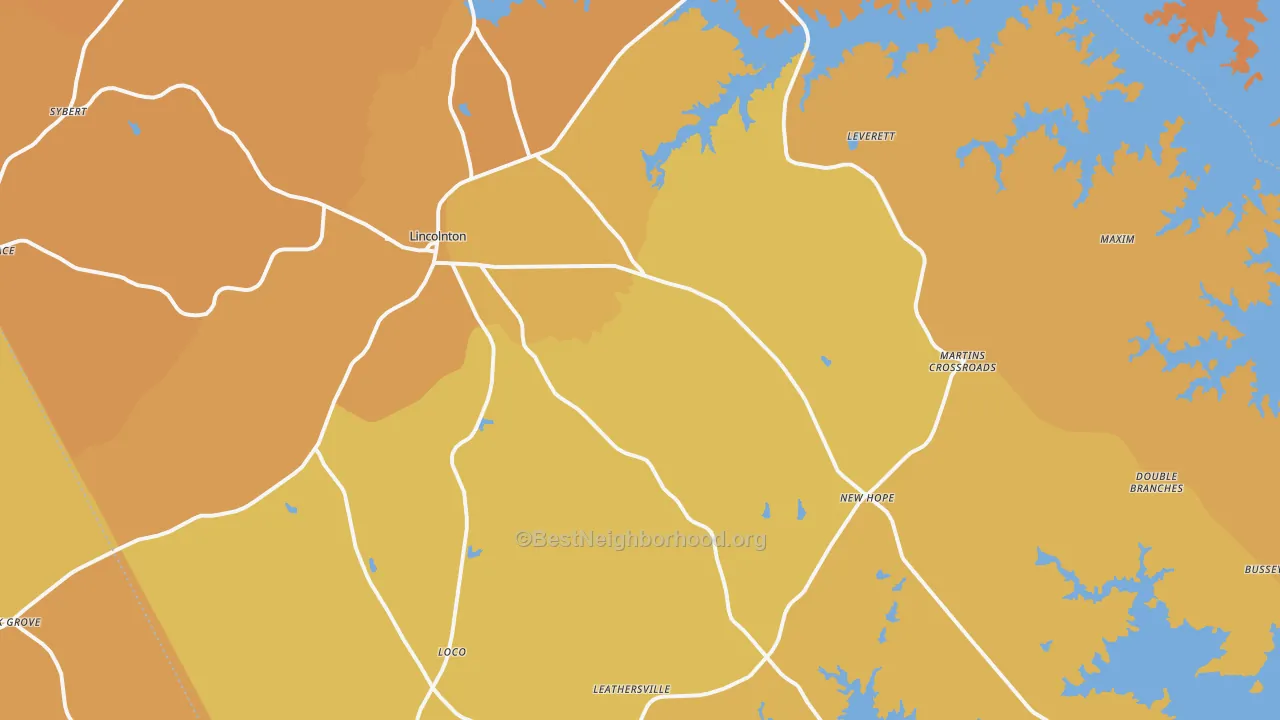 Map of the best neighborhoods in the 30817 area, with better matches in green and worse matches in red