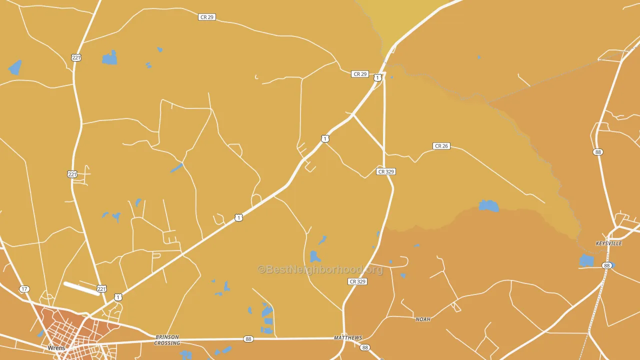 Map of the best neighborhoods in the 30818 area, with better matches in green and worse matches in red