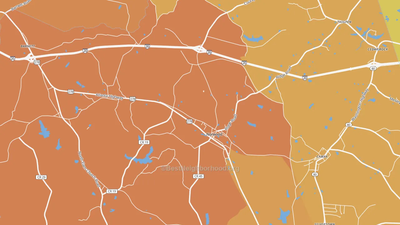 Map of the best neighborhoods in the 30821 area, with better matches in green and worse matches in red