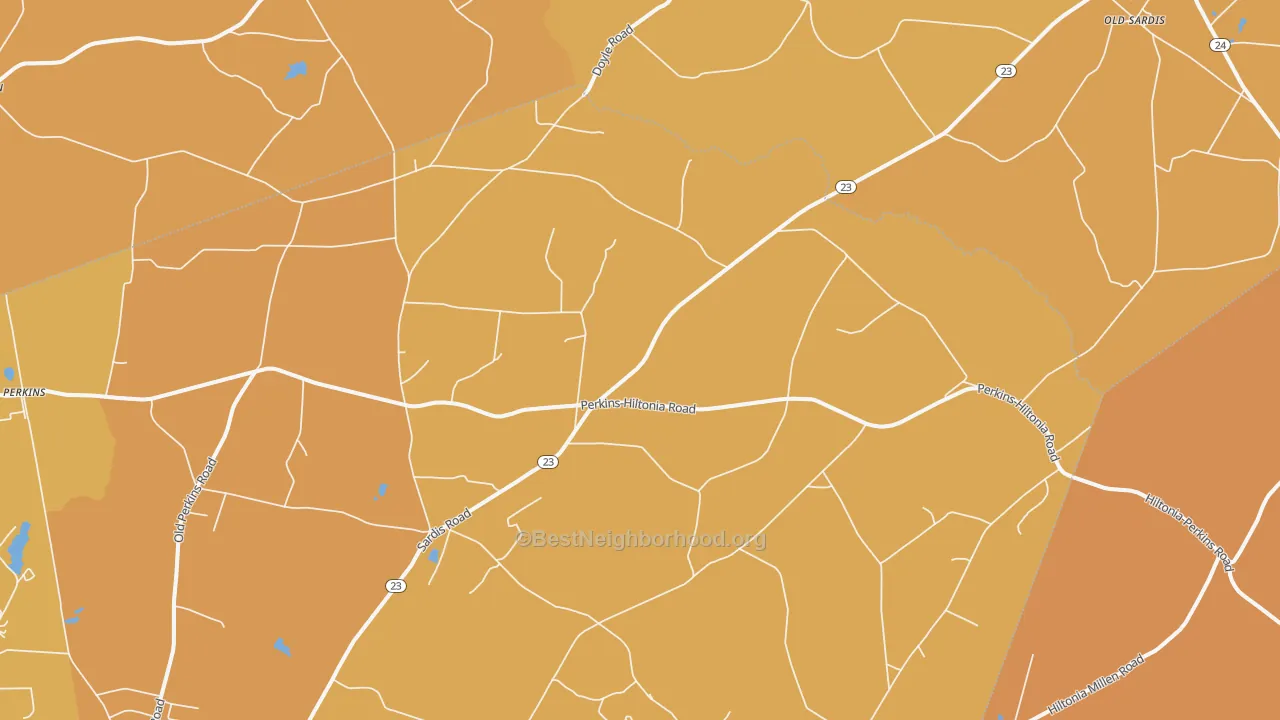Map of the best neighborhoods in the 30822 area, with better matches in green and worse matches in red