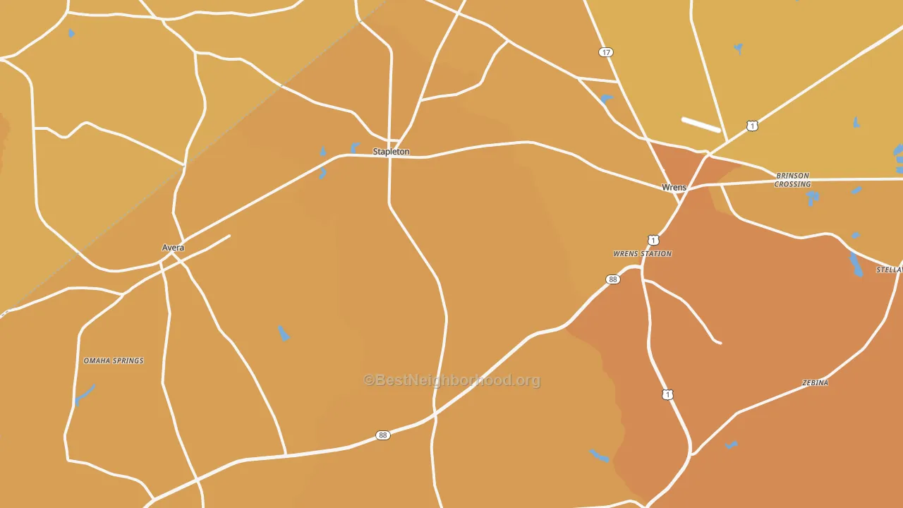 Map of the best neighborhoods in the 30823 area, with better matches in green and worse matches in red