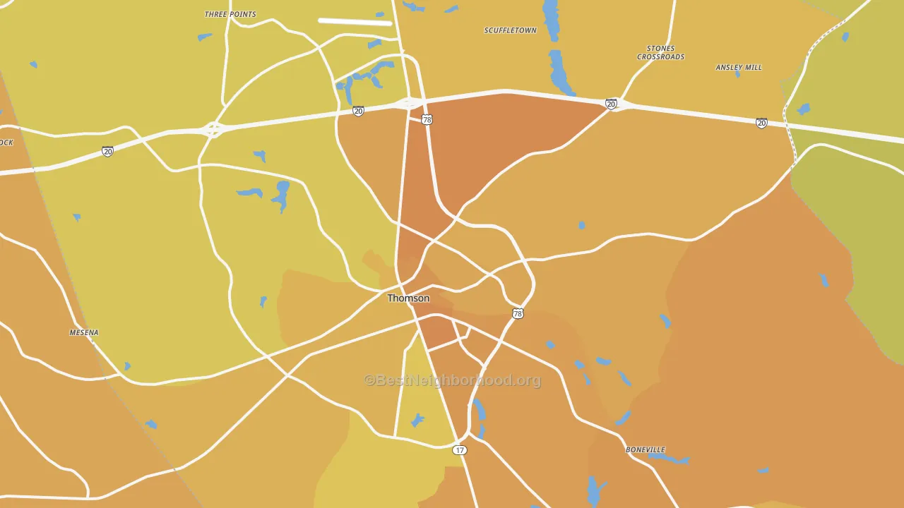 Map of the best neighborhoods in the 30824 area, with better matches in green and worse matches in red