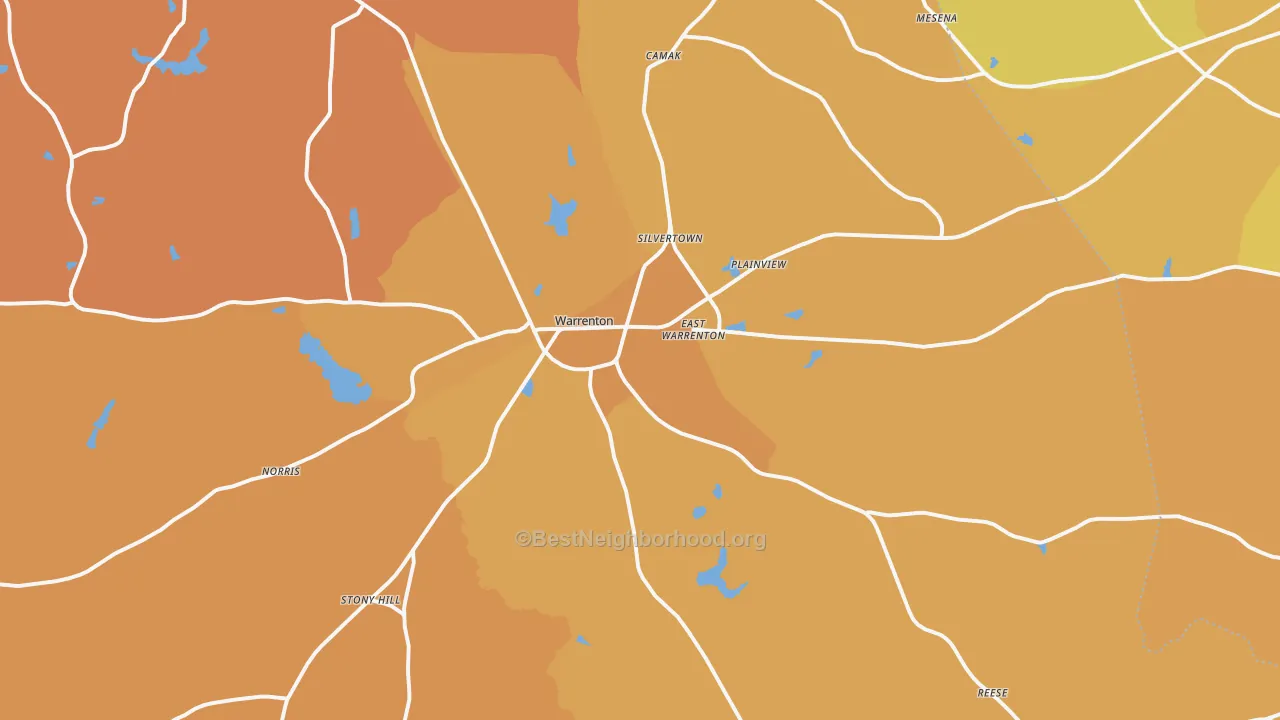 Map of the best neighborhoods in the 30828 area, with better matches in green and worse matches in red