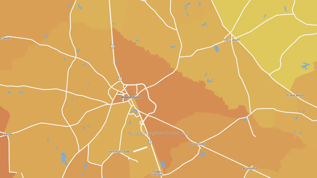 Map of the best neighborhoods in the 30830 area, with better matches in green and worse matches in red