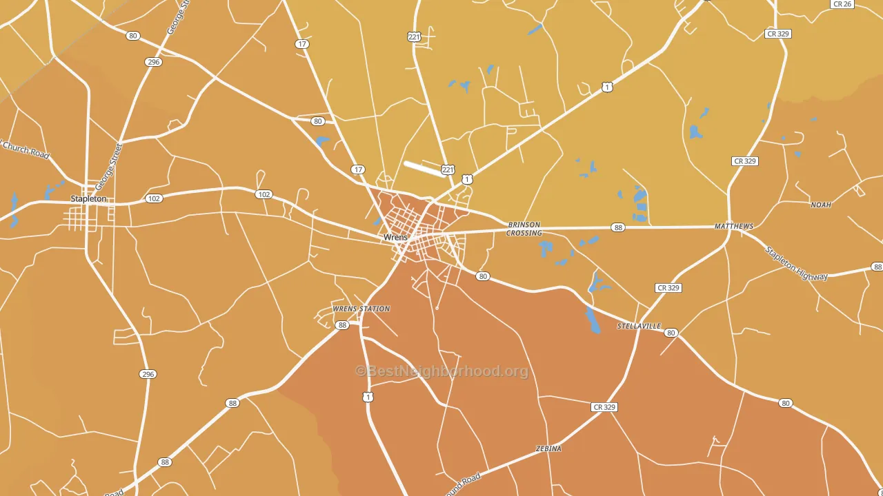 Map of the best neighborhoods in the 30833 area, with better matches in green and worse matches in red