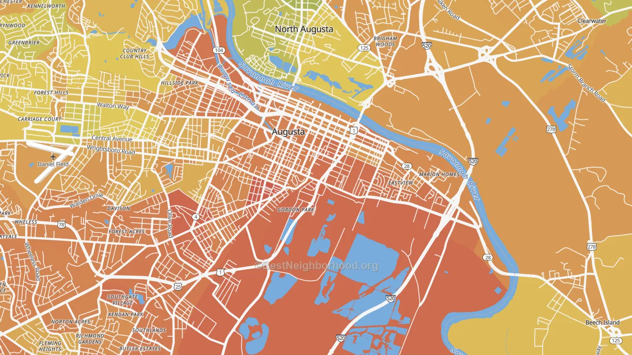 Map of the best neighborhoods in the 30901 area, with better matches in green and worse matches in red