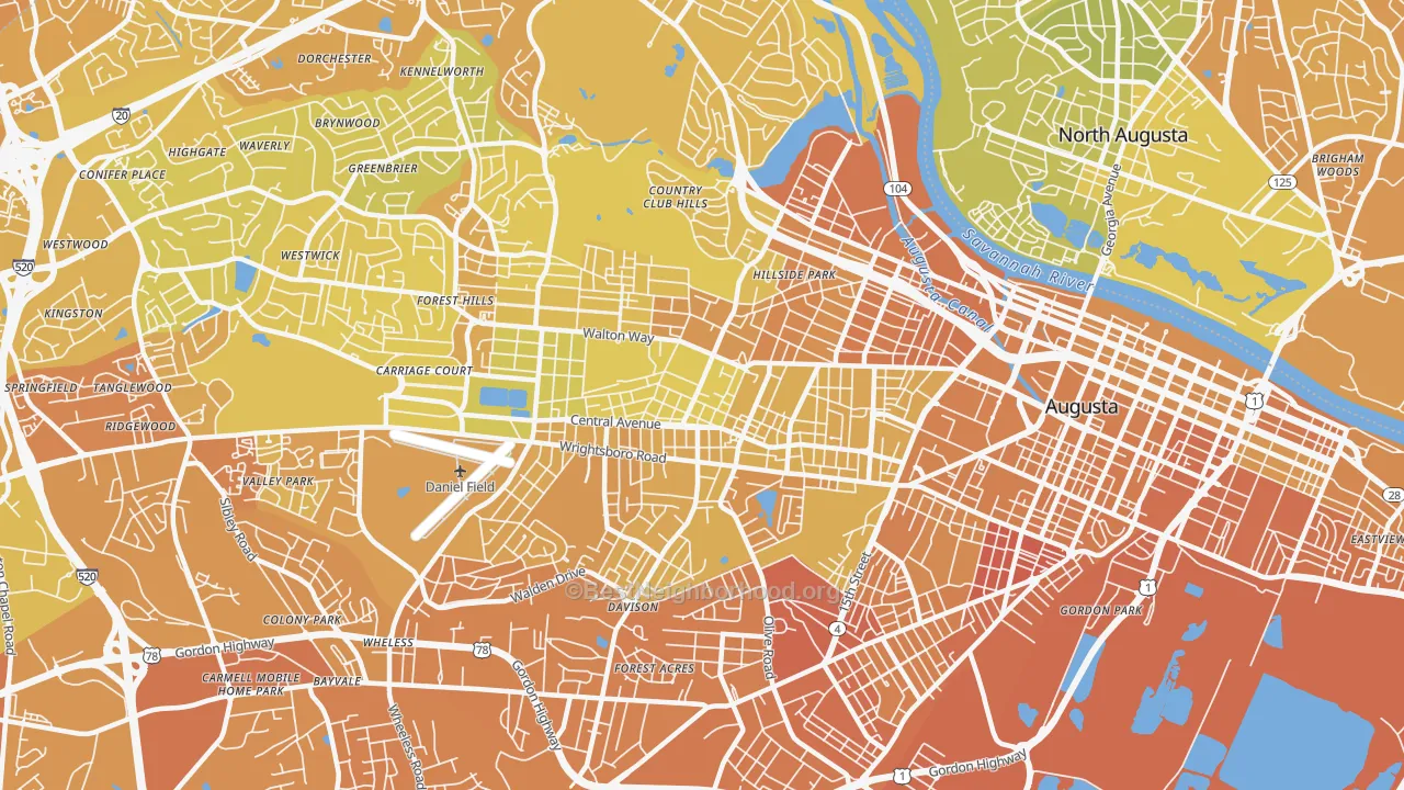 Map of the best neighborhoods in the 30904 area, with better matches in green and worse matches in red