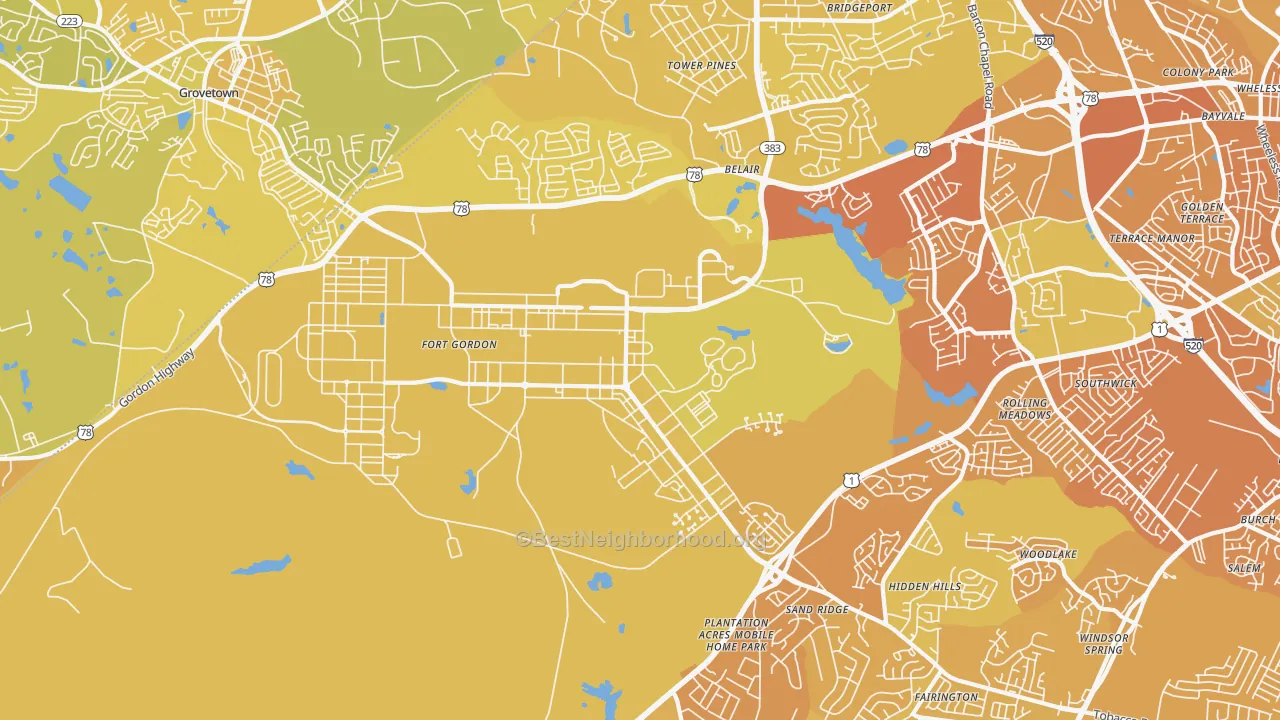 Map of the best neighborhoods in the 30905 area, with better matches in green and worse matches in red