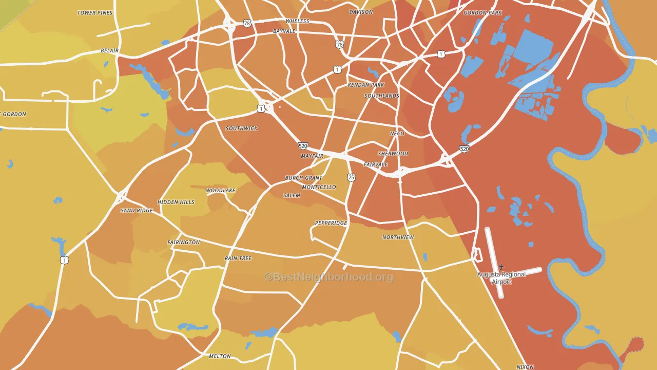 Map of the best neighborhoods in the 30906 area, with better matches in green and worse matches in red