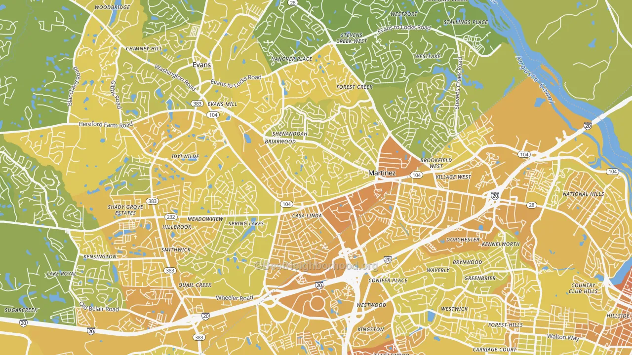 Map of the best neighborhoods in the 30907 area, with better matches in green and worse matches in red