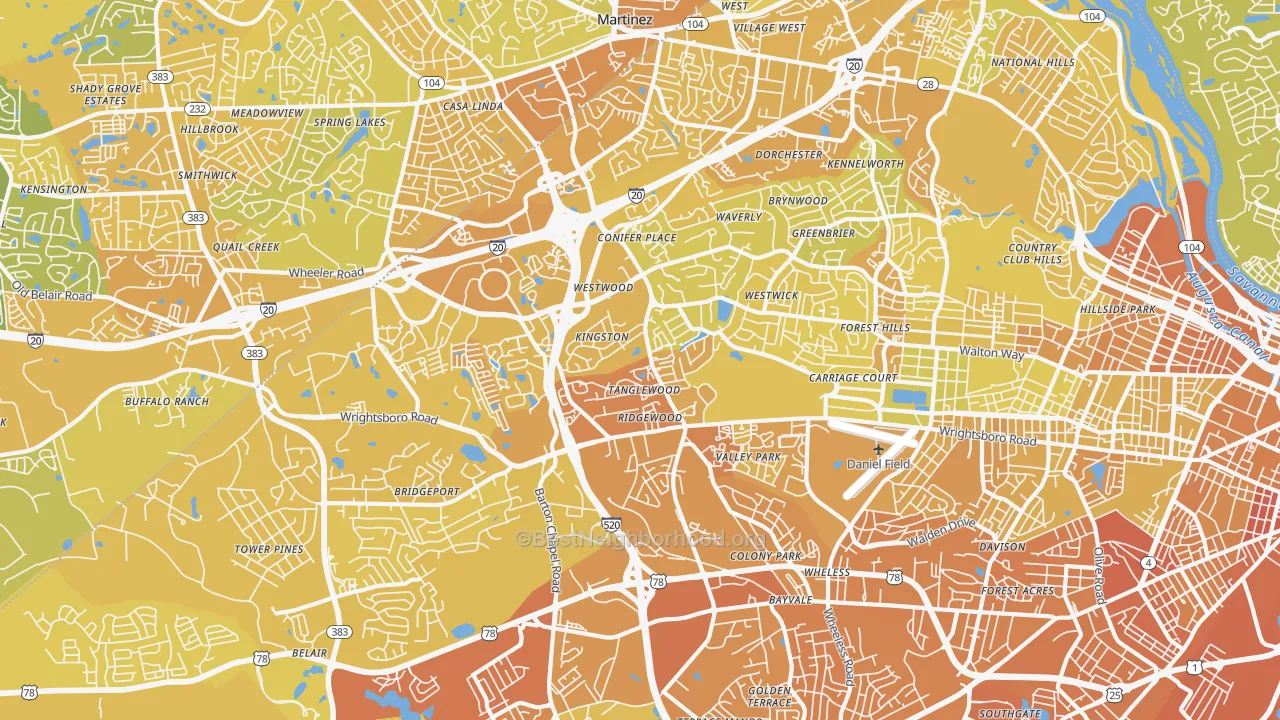 Map of the best neighborhoods in the 30909 area, with better matches in green and worse matches in red