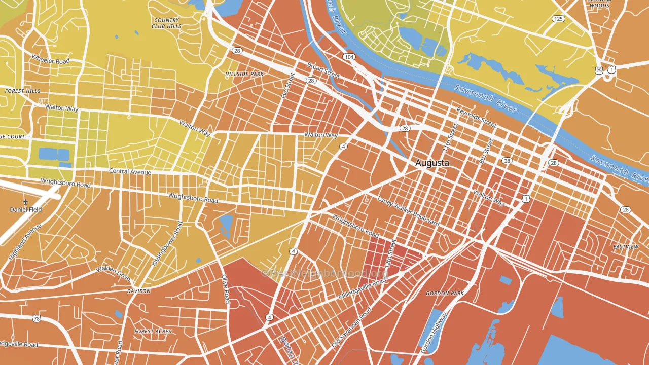 Map of the best neighborhoods in the 30912 area, with better matches in green and worse matches in red