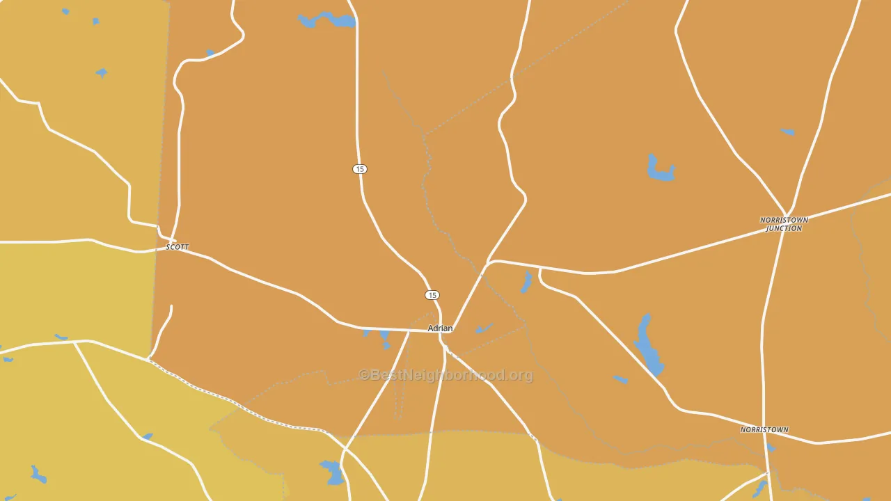 Map of the best neighborhoods in the 31002 area, with better matches in green and worse matches in red