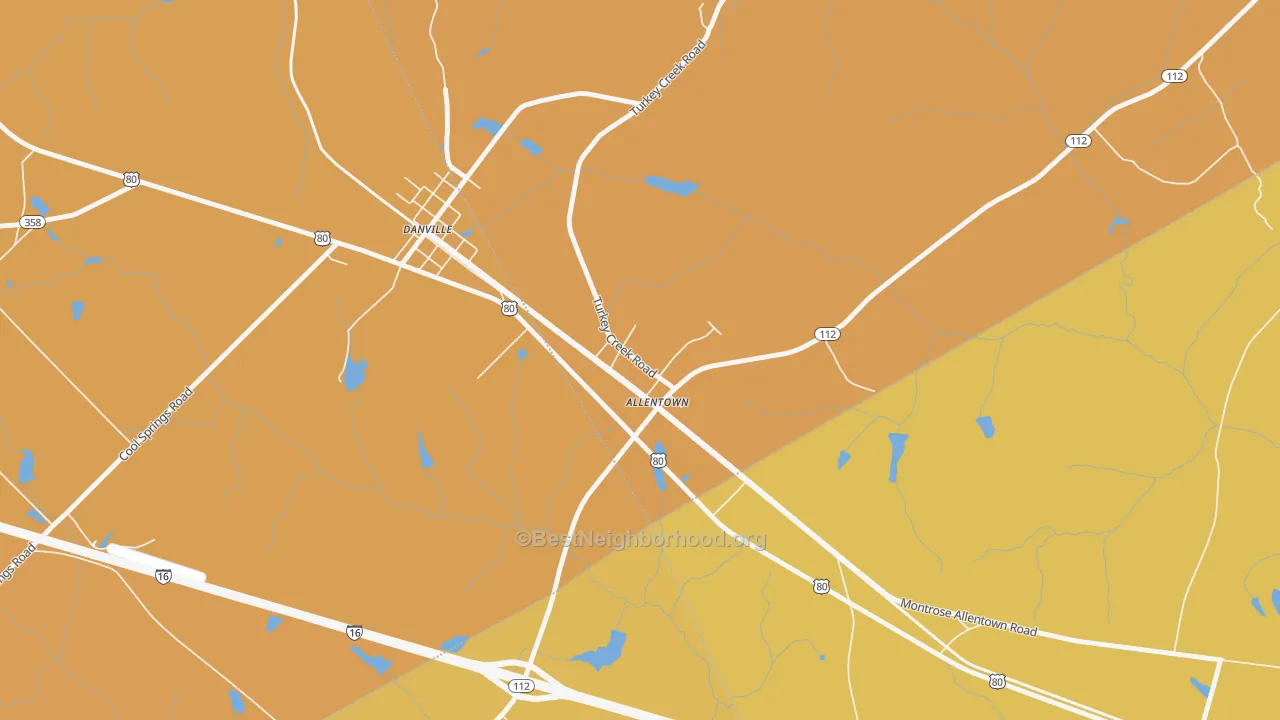 Map of the best neighborhoods in the 31003 area, with better matches in green and worse matches in red