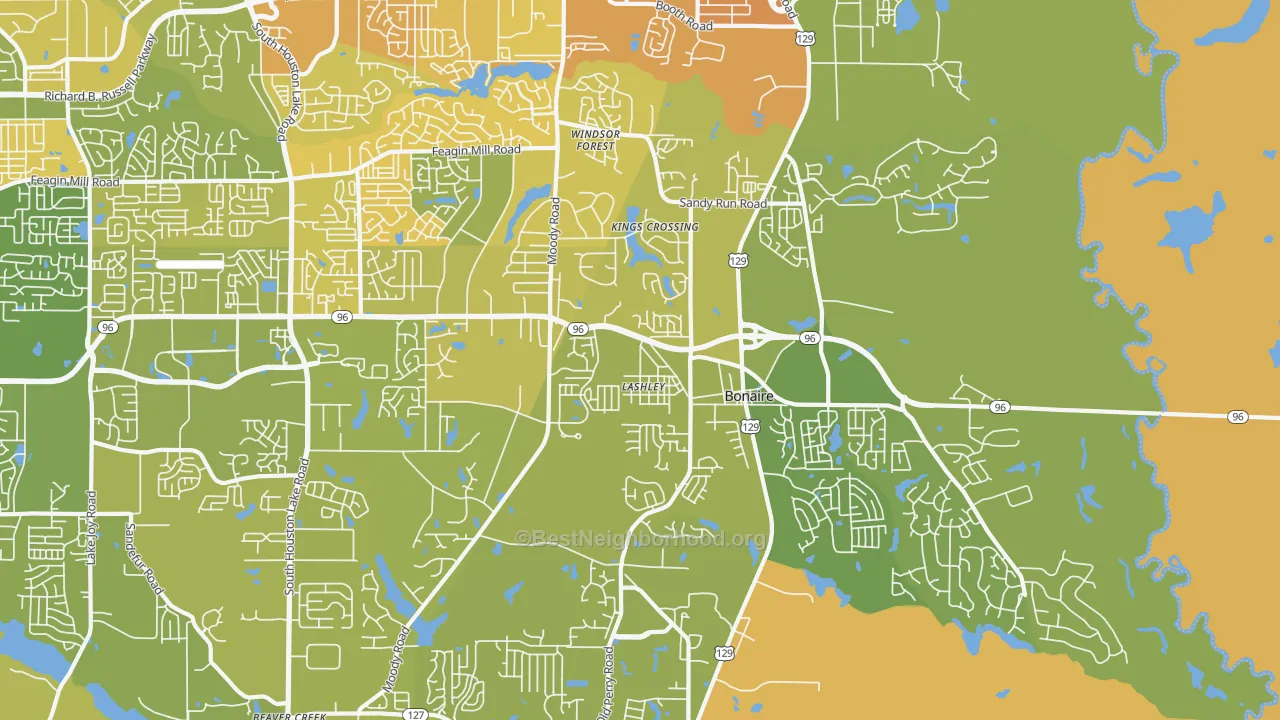 Map of the best neighborhoods in the 31005 area, with better matches in green and worse matches in red