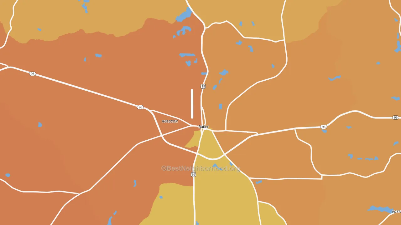 Map of the best neighborhoods in the 31006 area, with better matches in green and worse matches in red