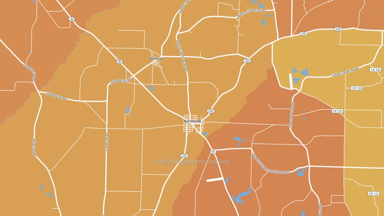 Map of the best neighborhoods in the 31007 area, with better matches in green and worse matches in red