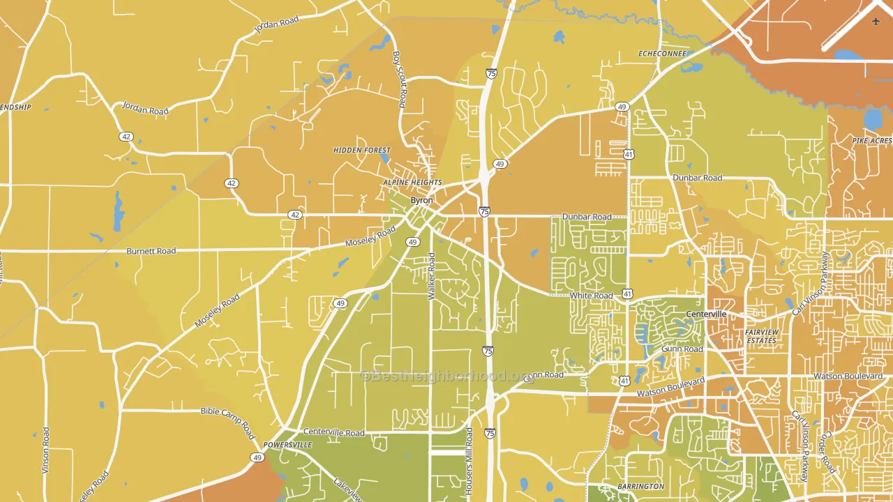 Map of the best neighborhoods in the 31008 area, with better matches in green and worse matches in red
