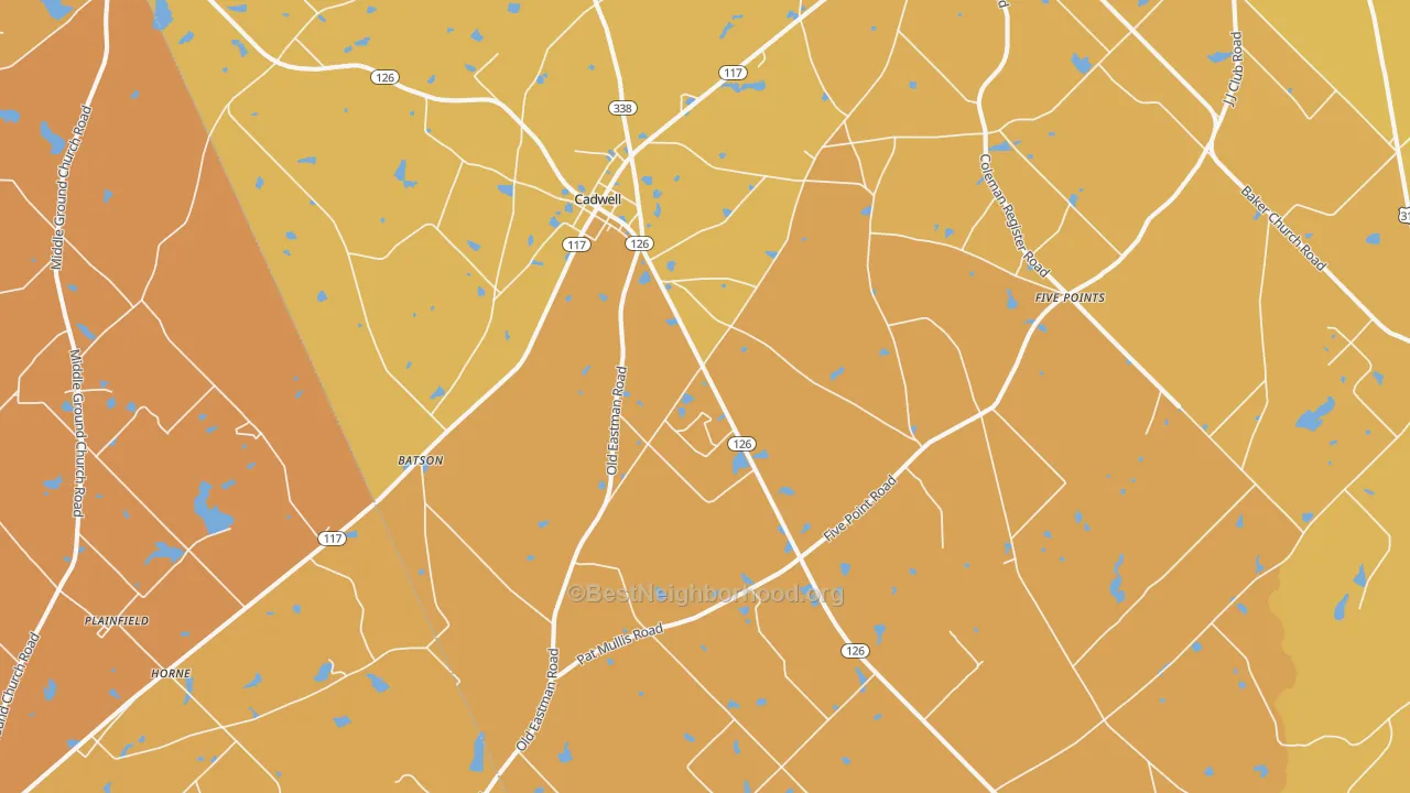 Map of the best neighborhoods in the 31009 area, with better matches in green and worse matches in red