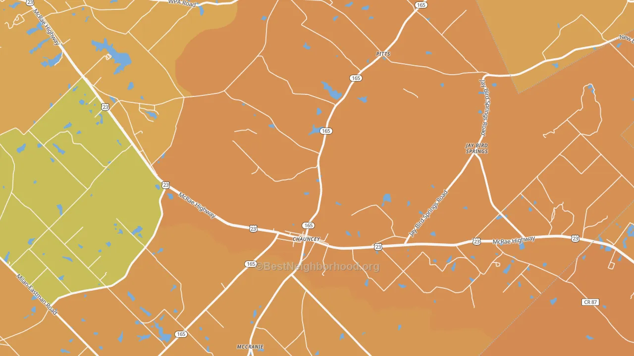 Map of the best neighborhoods in the 31011 area, with better matches in green and worse matches in red