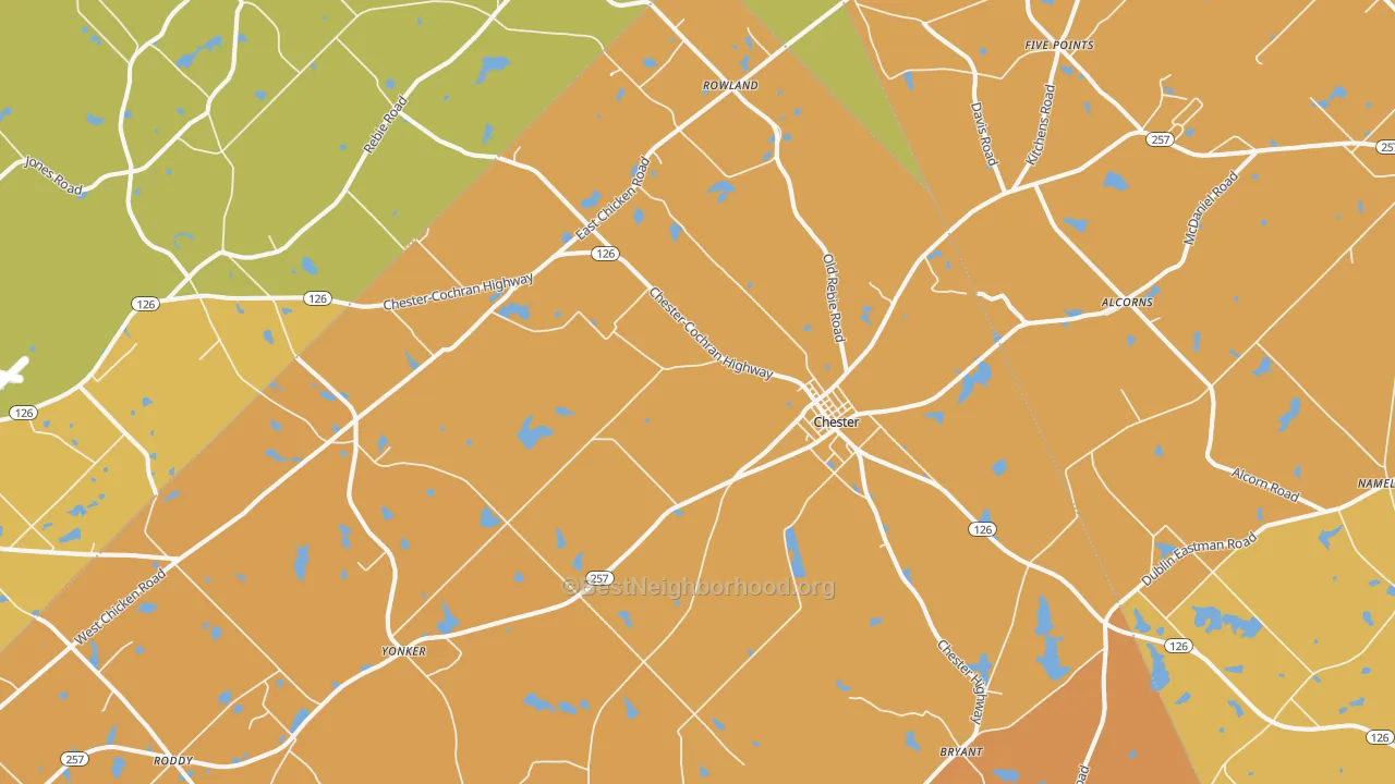 Map of the best neighborhoods in the 31012 area, with better matches in green and worse matches in red