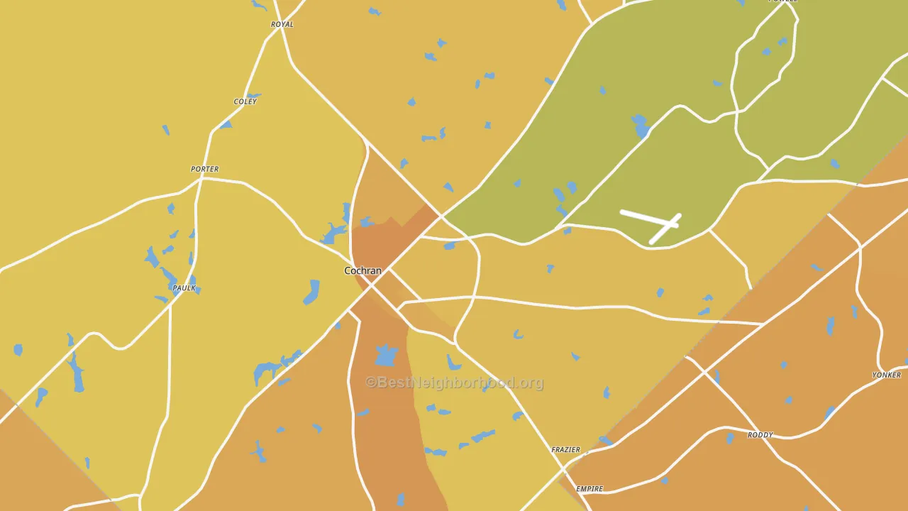 Map of the best neighborhoods in the 31014 area, with better matches in green and worse matches in red