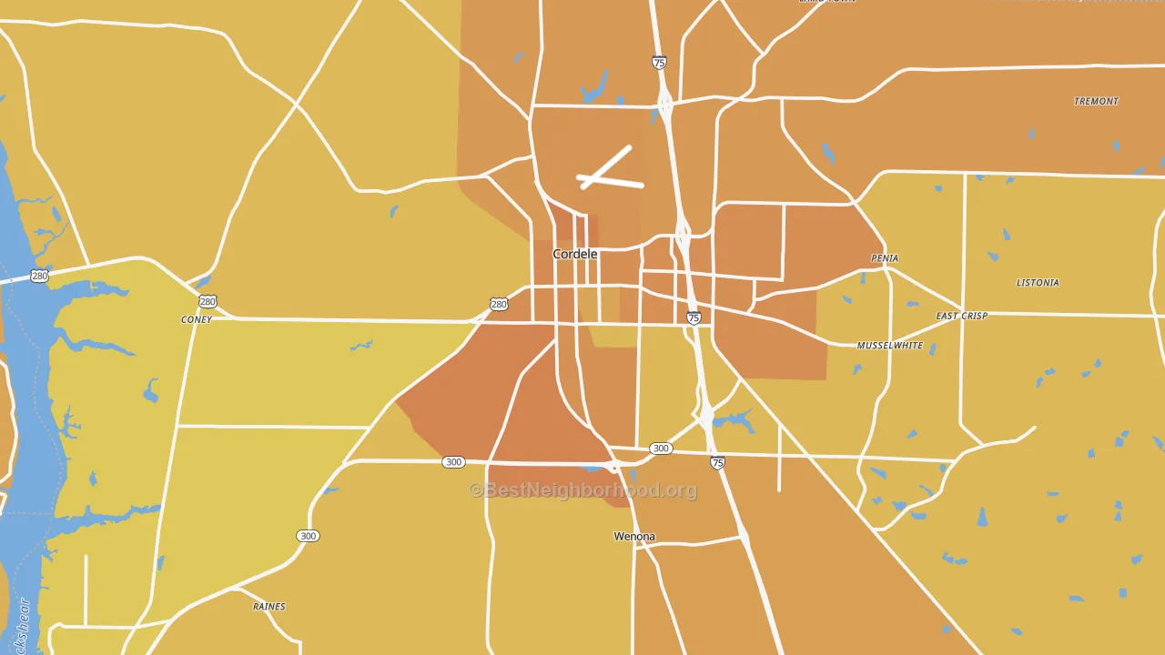 Map of the best neighborhoods in the 31015 area, with better matches in green and worse matches in red