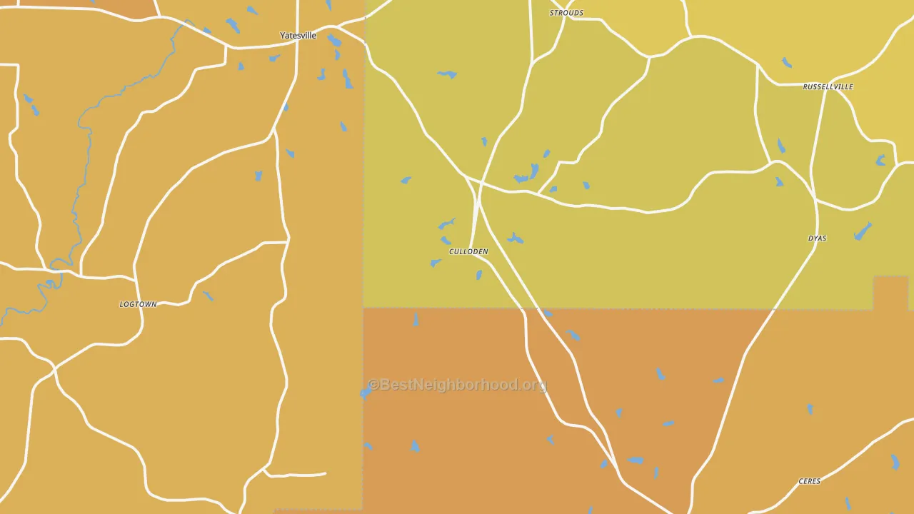 Map of the best neighborhoods in the 31016 area, with better matches in green and worse matches in red