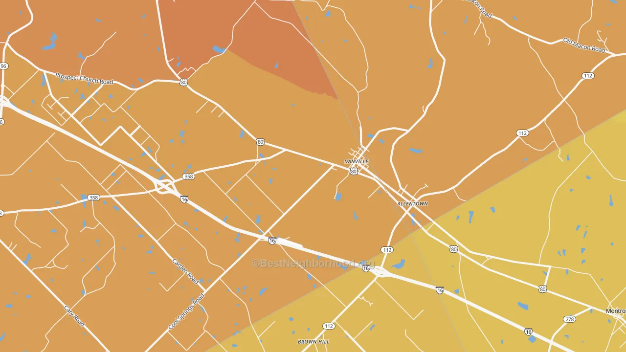 Map of the best neighborhoods in the 31017 area, with better matches in green and worse matches in red