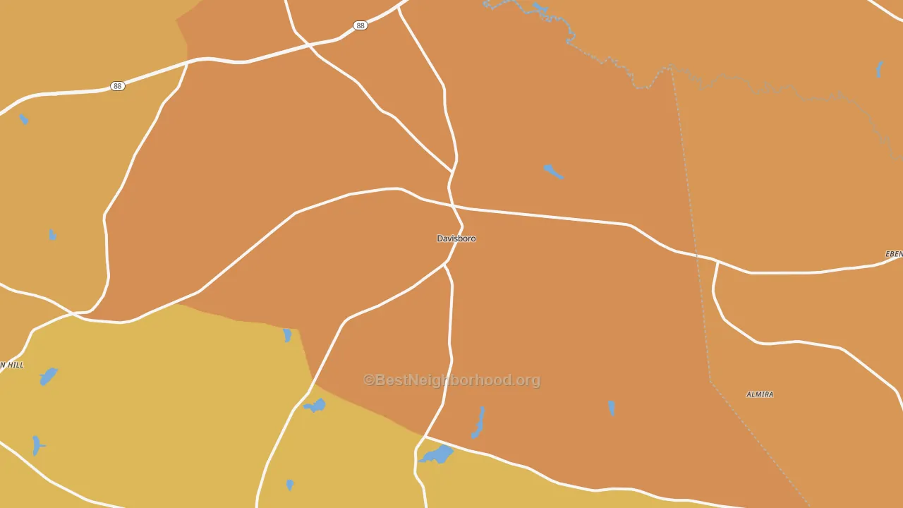 Map of the best neighborhoods in the 31018 area, with better matches in green and worse matches in red