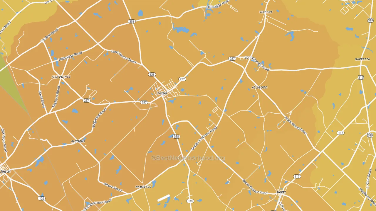 Map of the best neighborhoods in the 31019 area, with better matches in green and worse matches in red