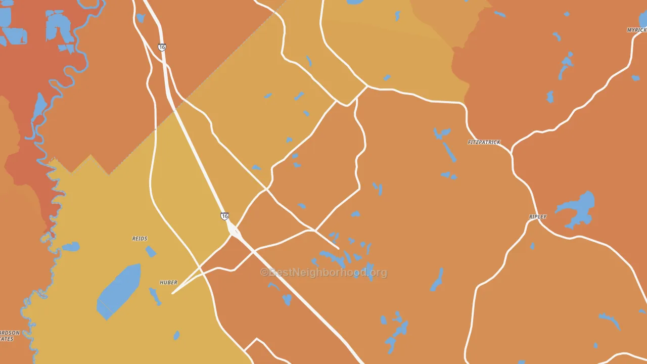 Map of the best neighborhoods in the 31020 area, with better matches in green and worse matches in red