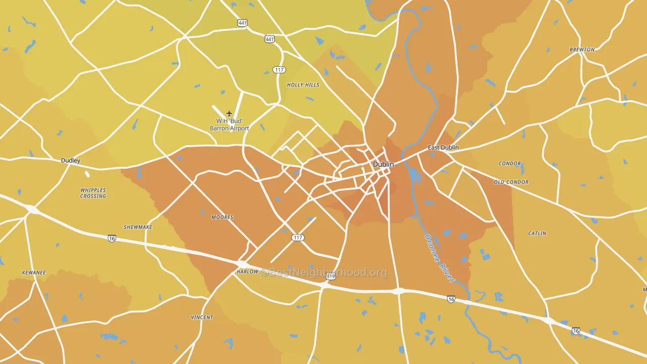 Map of the best neighborhoods in the 31021 area, with better matches in green and worse matches in red