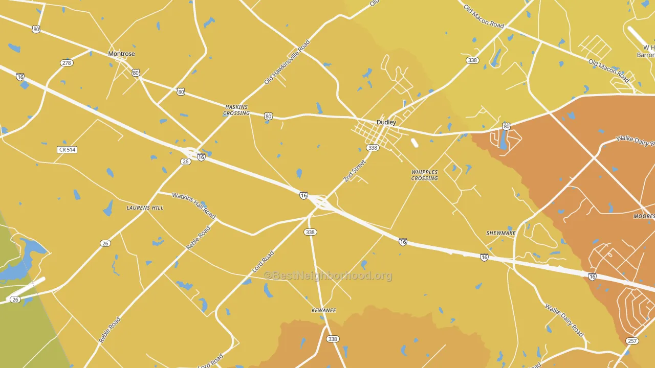 Map of the best neighborhoods in the 31022 area, with better matches in green and worse matches in red