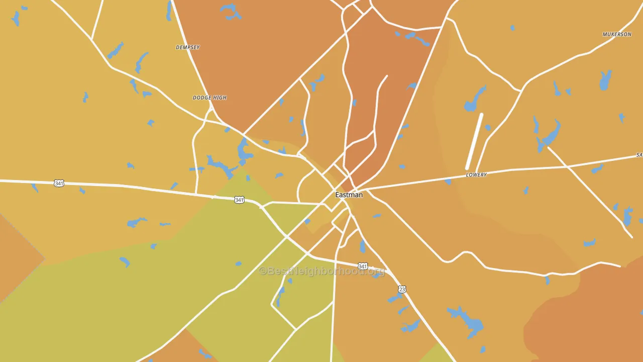 Map of the best neighborhoods in the 31023 area, with better matches in green and worse matches in red