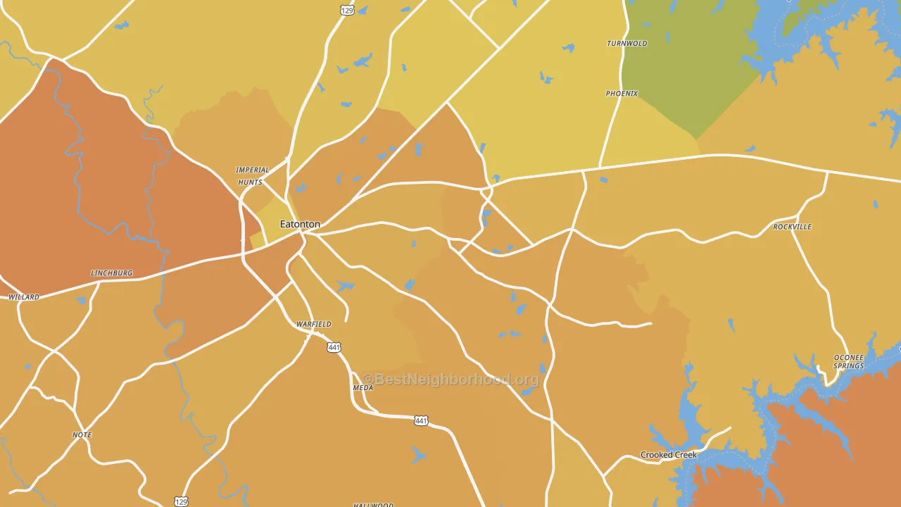Map of the best neighborhoods in the 31024 area, with better matches in green and worse matches in red