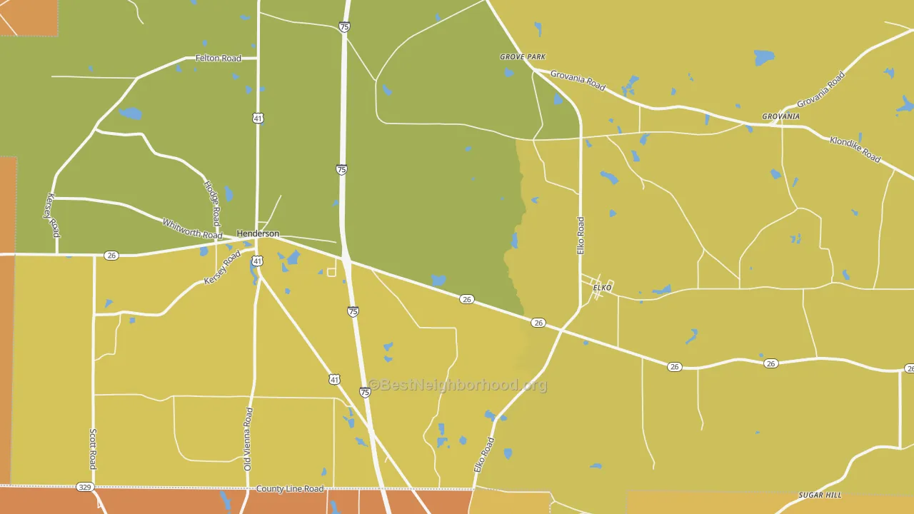 Map of the best neighborhoods in the 31025 area, with better matches in green and worse matches in red