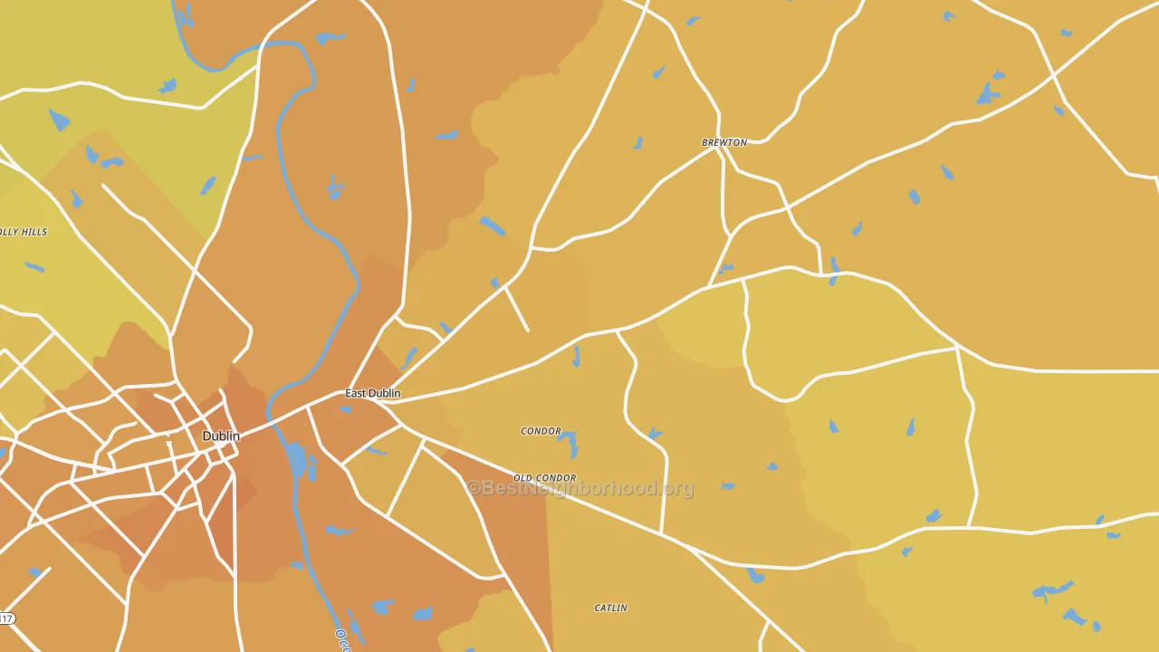 Map of the best neighborhoods in the 31027 area, with better matches in green and worse matches in red