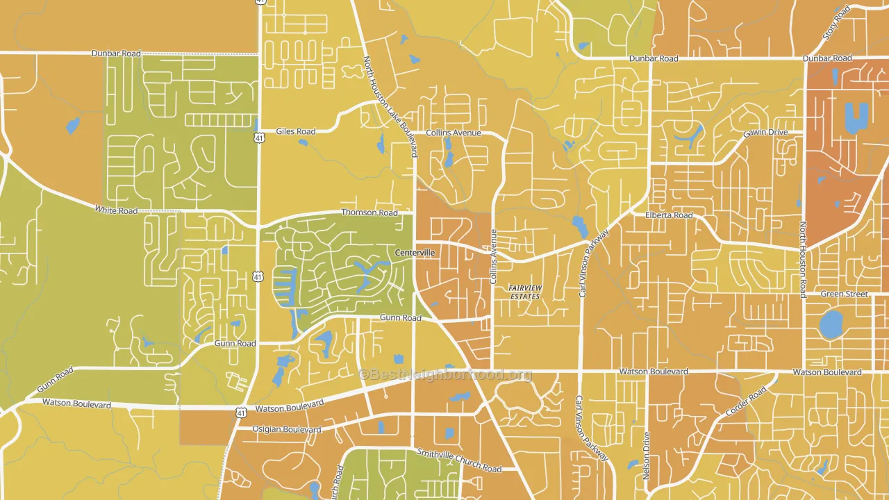 Map of the best neighborhoods in the 31028 area, with better matches in green and worse matches in red