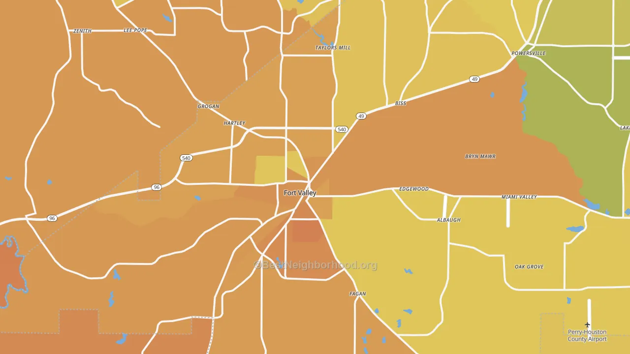 Map of the best neighborhoods in the 31030 area, with better matches in green and worse matches in red