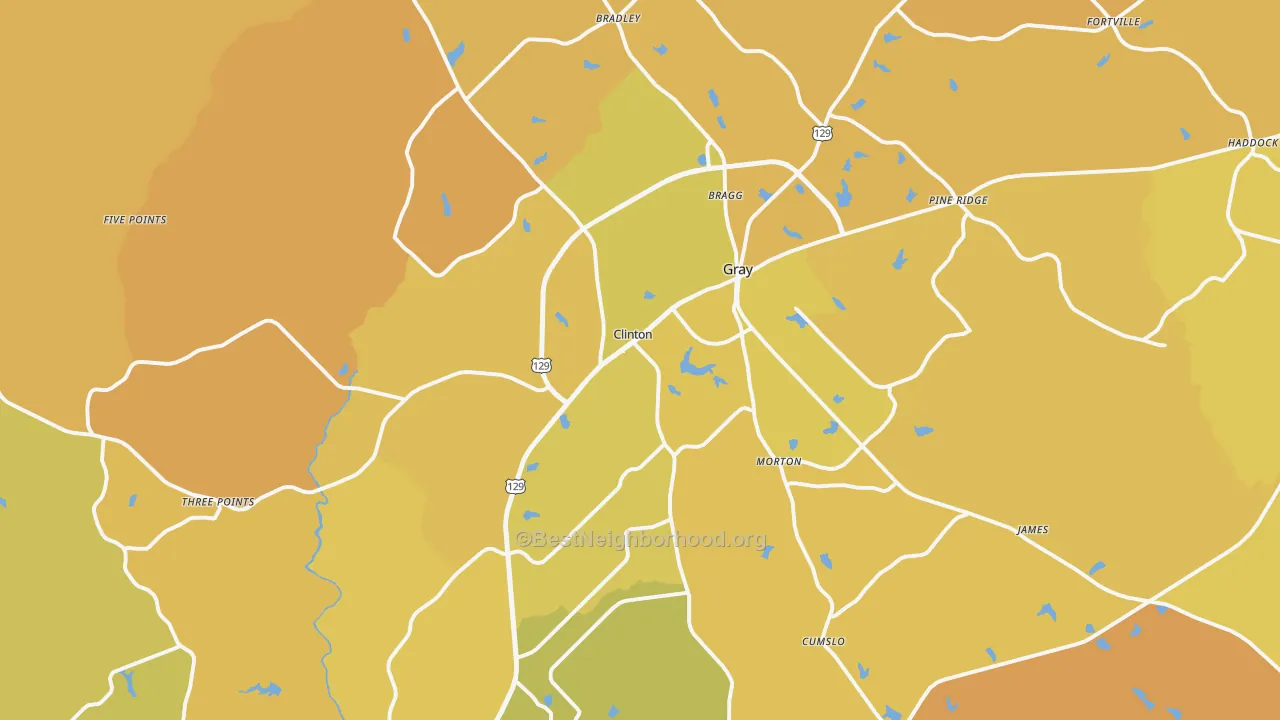 Map of the best neighborhoods in the 31032 area, with better matches in green and worse matches in red