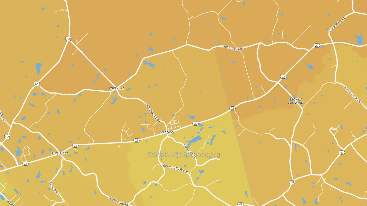 Map of the best neighborhoods in the 31033 area, with better matches in green and worse matches in red