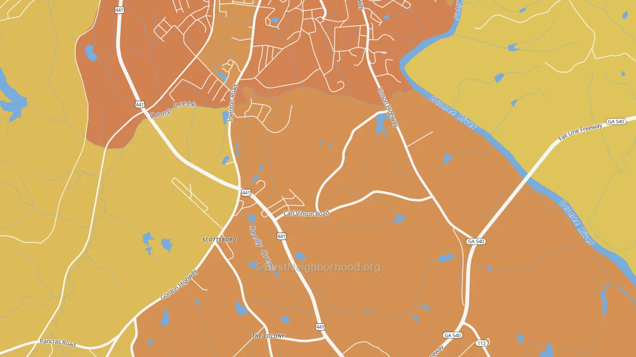 Map of the best neighborhoods in the 31034 area, with better matches in green and worse matches in red