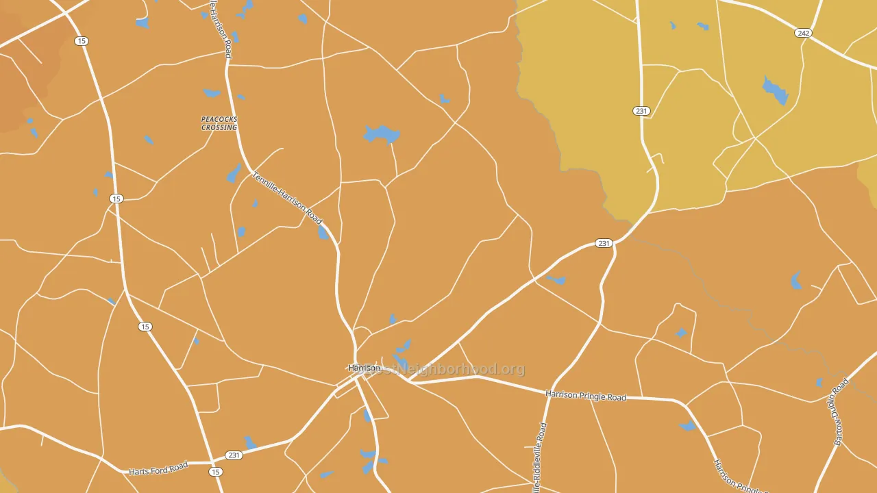 Map of the best neighborhoods in the 31035 area, with better matches in green and worse matches in red