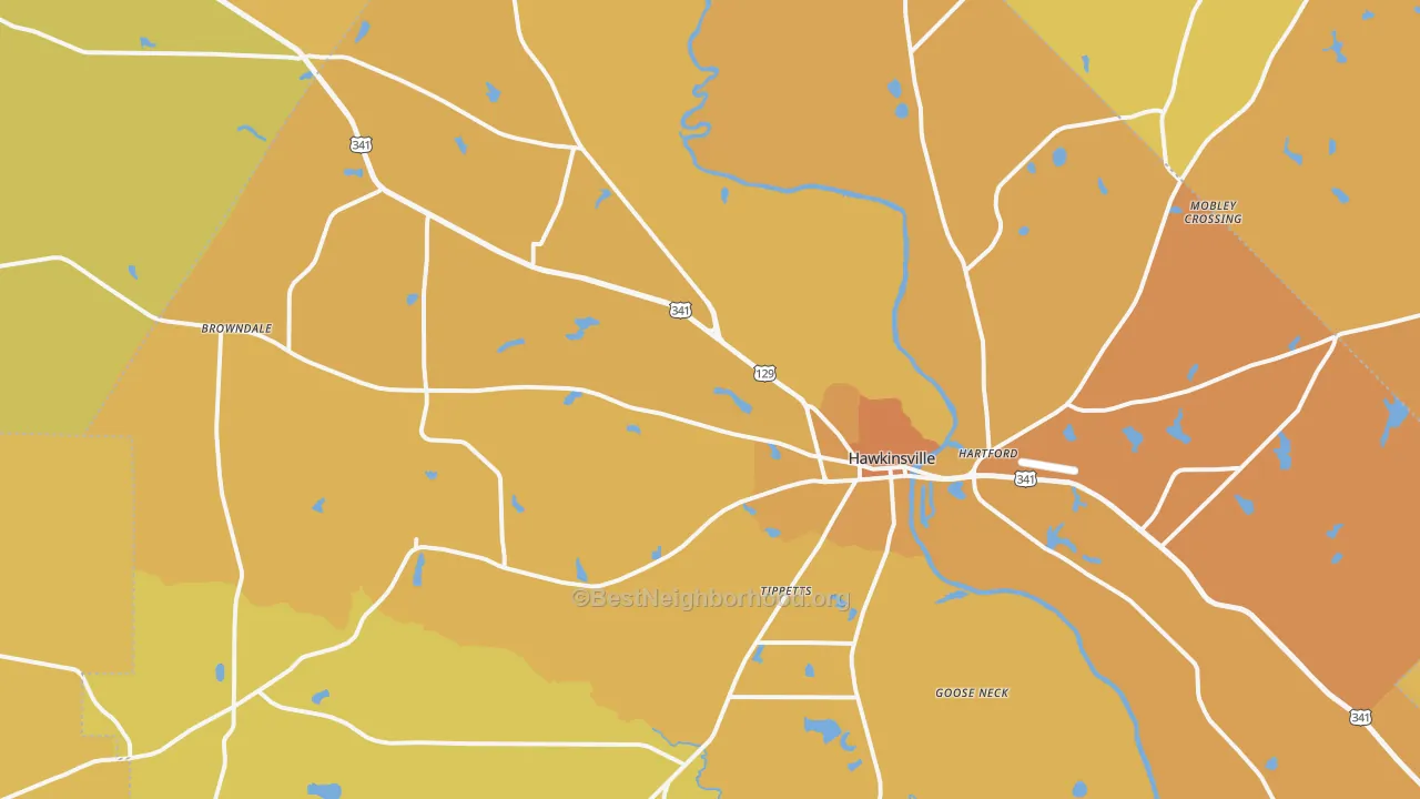 Map of the best neighborhoods in the 31036 area, with better matches in green and worse matches in red