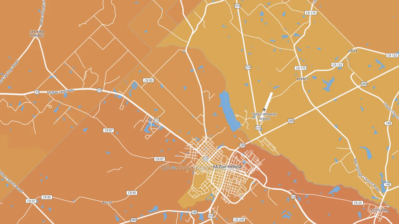 Map of the best neighborhoods in the 31037 area, with better matches in green and worse matches in red