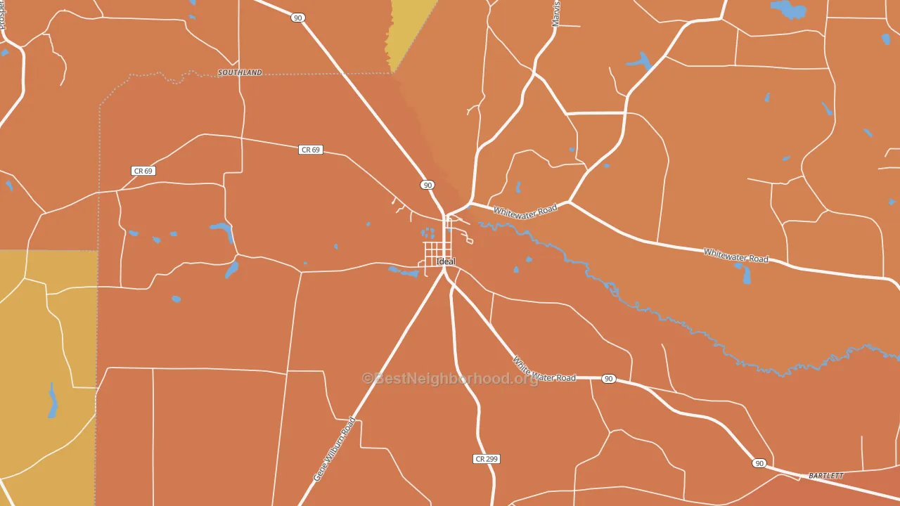 Map of the best neighborhoods in the 31041 area, with better matches in green and worse matches in red